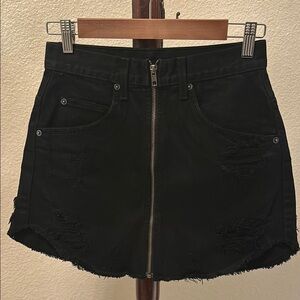 Carmar  black denim distressed zip up mini skirt